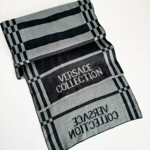 Versace Collection Reversible Wool Blend Grey Geometric Print Scarf